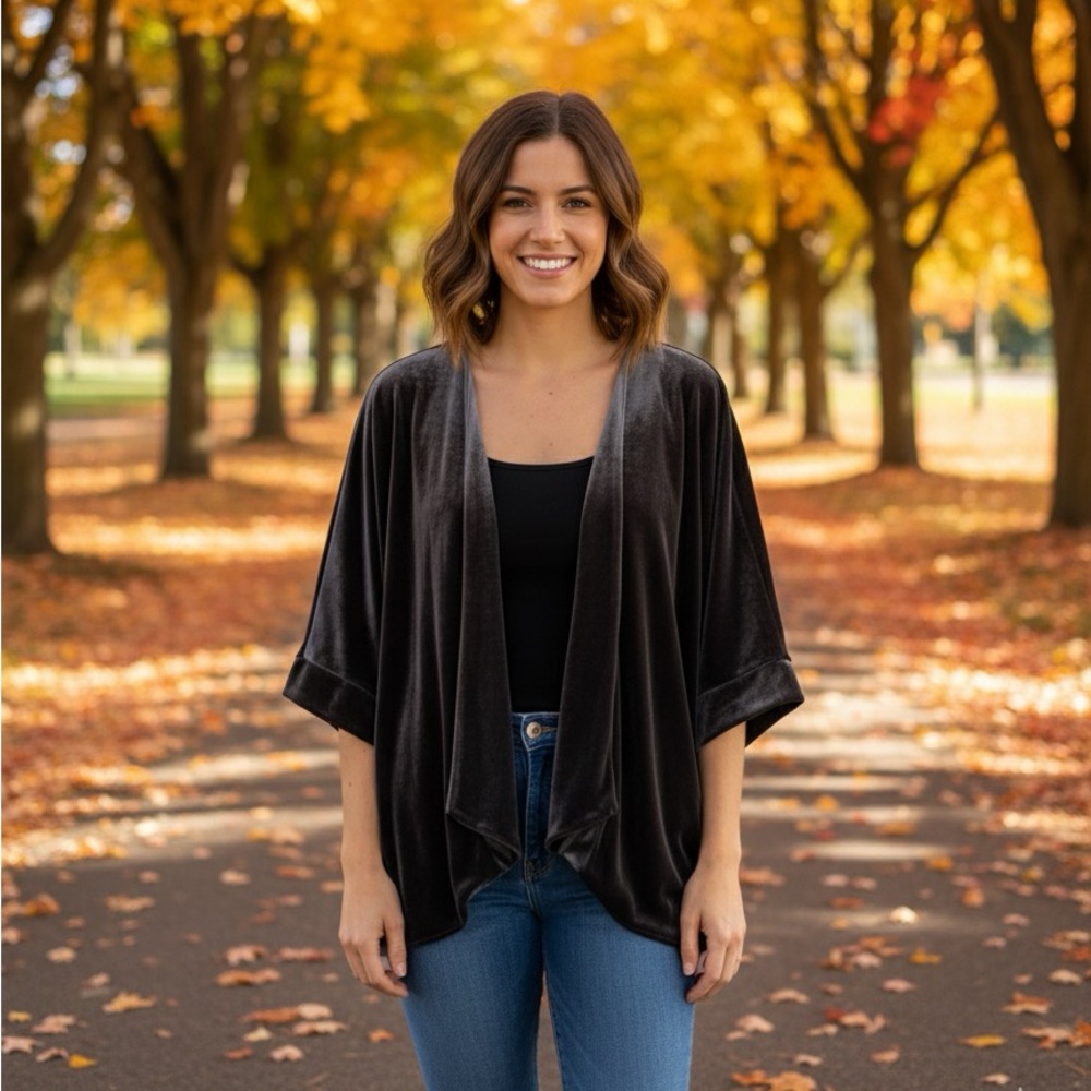 ANTHROPOLOGIE Pins and Needles Velvet Feel Short Sleeve Kimono Cardigan Size L
